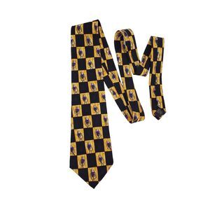 Larry King Black & Yellow Checkered Microphone Vintage Men's Silk Twill Tie